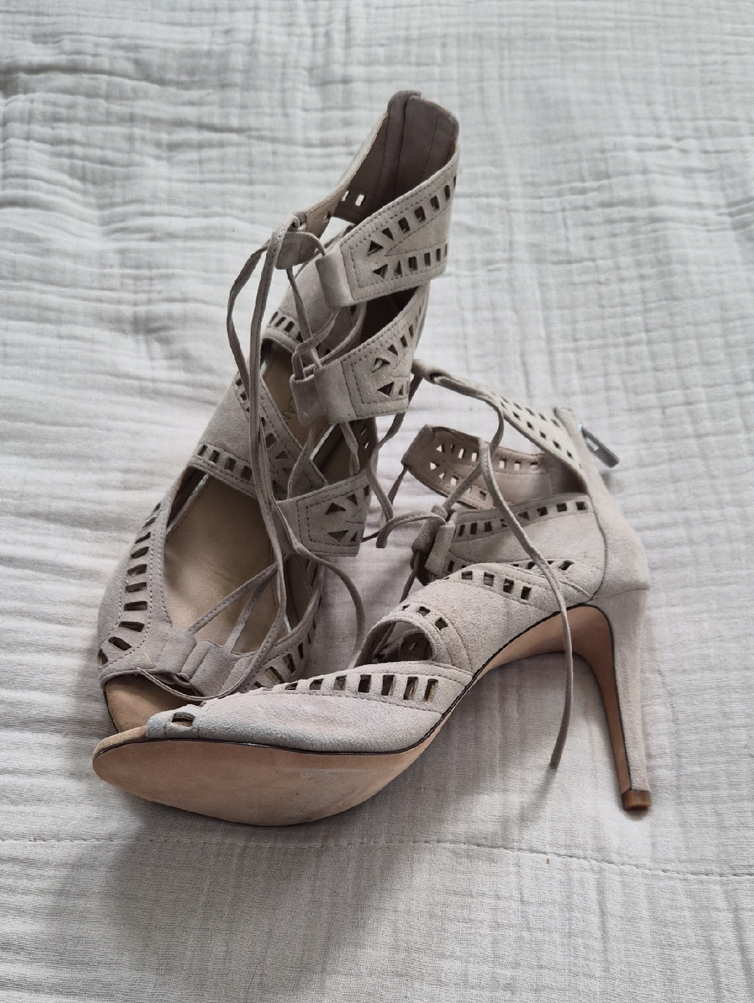 Antonio Melani Suede Lace-Up Cutout Heels In Light Gray